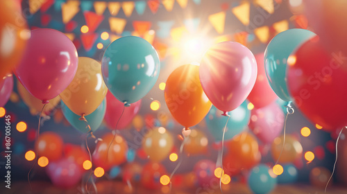 Lively Party Scene with Colorful Balloons and Festive Bunting Mixed with Bokeh Lights photo
