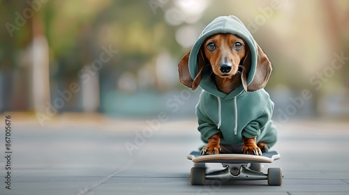 A fashionable dachshund sporting a trendy hoodie, sitting on a skateboard in a modern park. List of Art Media Modern realistic photo