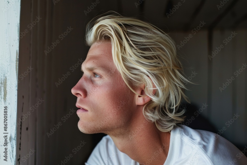 Young man with blonde hair is gazing out a window with a thoughtful expression on his face Young man with blonde hair is gazing out a window with a thoughtful expression on his face
