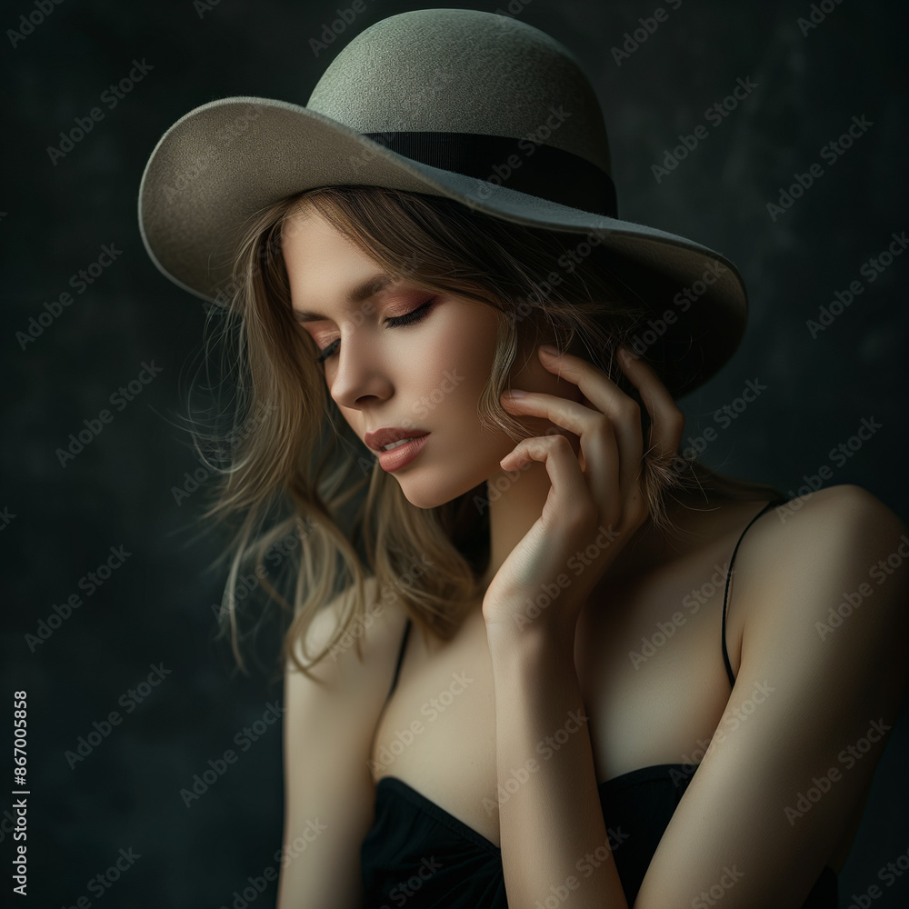 Elegant girl in a hat, minimalist style, creative background Elegant girl in a hat, minimalist style, creative background
