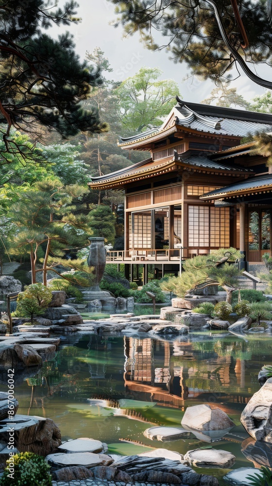 Fototapeta premium Traditional Japanese house with garden and pond, serene and nature concept