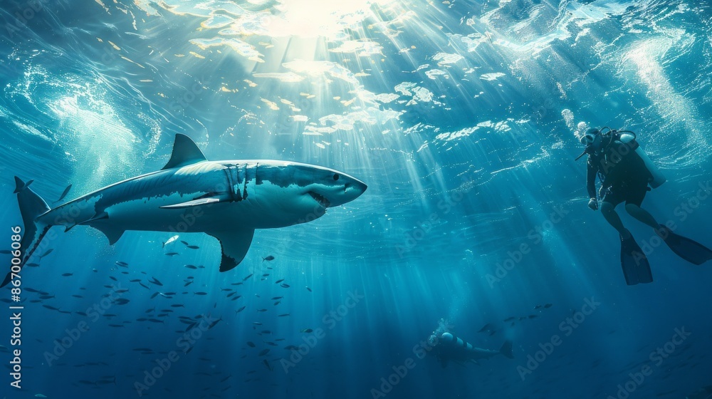 Fototapeta premium A diver swims beneath the waves, encountering a large great white shark in a stunning underwater environment bathed in sunlight