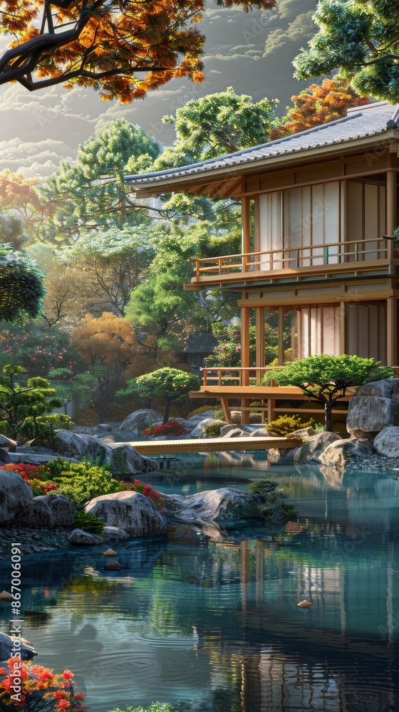 Naklejka premium Traditional japanese house by serene pond surrounded by lush foliage, zen garden concept