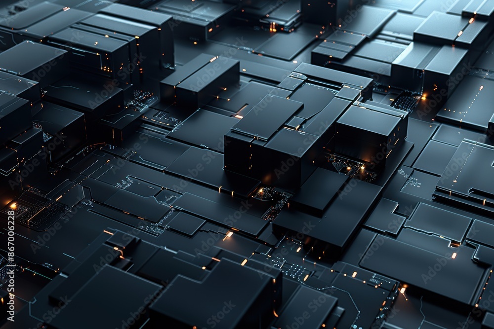 Fototapeta premium Abstract background of 3D black cubes with glowing lights and lines, representing futuristic technology, artificial intelligence, and digital network.