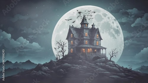 Haunted Mansion Vector Stytle Scene Moonlit Night with Bats in Flight photo