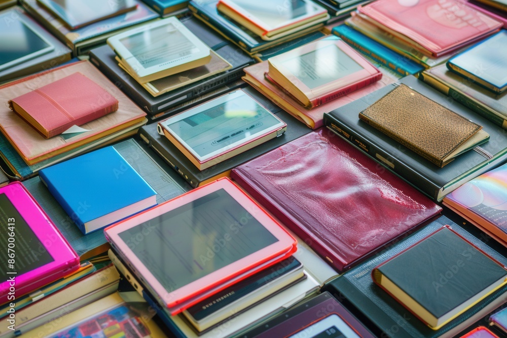 Naklejka premium A close-up view of tablets and e-readers displaying educational materials, showcasing the modern approach to digital learning. Generative AI