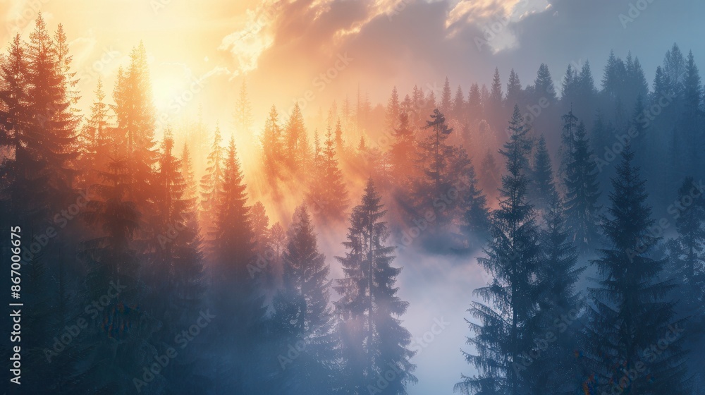 A serene and mystical forest scene at dawn, with the trees bathed in golden sunlight and a layer of mist adding a magical touch. Generative AI A serene and mystical forest scene at dawn, with the trees bathed in golden sunlight and a layer of mist adding a magical touch. Generative AI