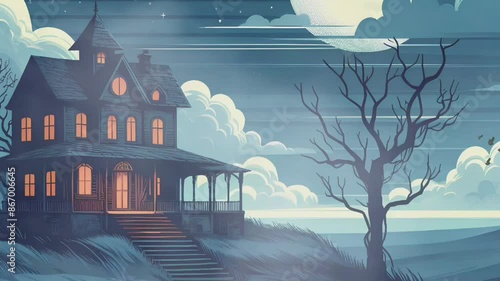 Chilling Haunted House Vector Stytle Hilltop, Moon, and Bats photo