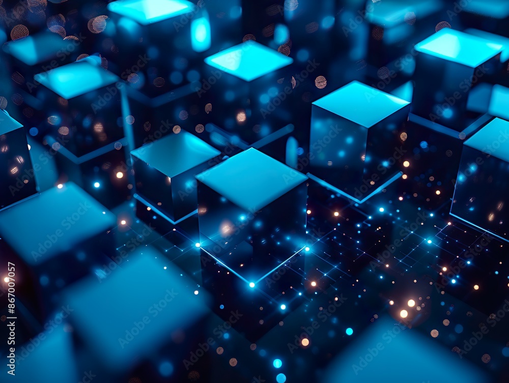Abstract digital artwork showing glowing 3D blocks on a dark blue background Abstract digital artwork showing glowing 3D blocks on a dark blue background