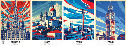 Set of european city posters including brussels lisbon berlin london