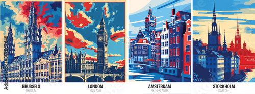 Set of european city posters including brussels london amsterdam stockholm