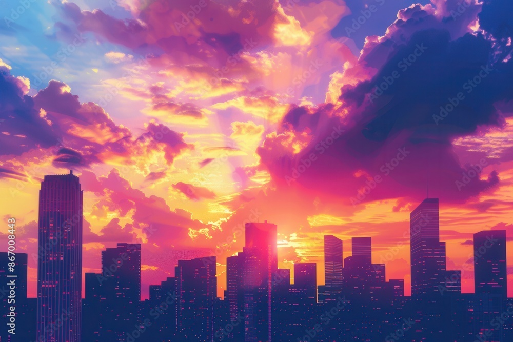 A stunning cityscape silhouetted against a vibrant sunset sky. The urban landscape is dynamic and modern, making it perfect for real estate and development businesses. Generative AI A stunning cityscape silhouetted against a vibrant sunset sky. The urban landscape is dynamic and modern, making it perfect for real estate and development businesses. Generative AI