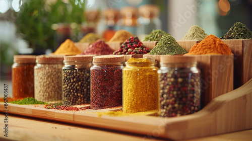 Variety of Spices in Glass Jars with Wooden Rack in a Vibrant Kitchen Setting photo