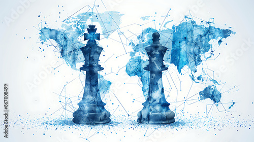 Silhouettes of chess pieces with world map background, symbolizing global strategy and connectivity