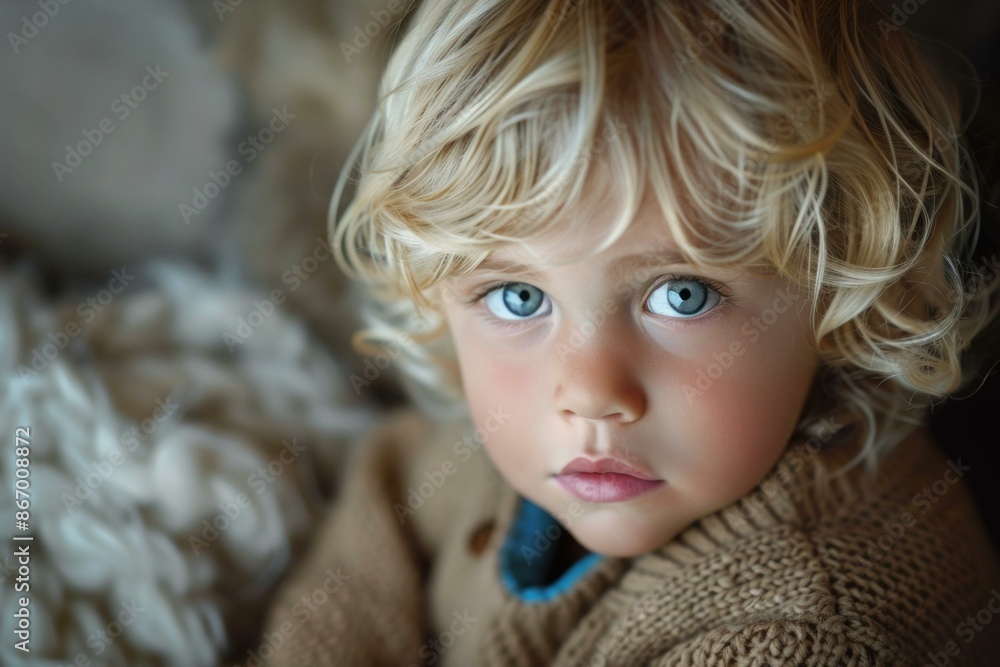 Portrait of adorable young boy with blond curly hair and blue eyes wearing a beige sweater Portrait of adorable young boy with blond curly hair and blue eyes wearing a beige sweater