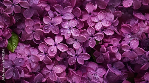 Many Lilac flowers bouquet pattern. Close-up of vibrant purple lilac flowers covered in water droplets, creating a fresh and vivid scene. Full screen filled.