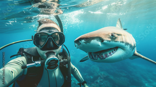 A scuba diver captures a selfie with a large shark swimming near the surface of the ocean. The divers mask reflects the blue water and the sharks menacing gaze photo