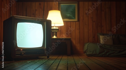 Vintage television in a wooden cabin living room with lamp and couch, cozy and nostalgic ambiance, retro and rustic interior design concept