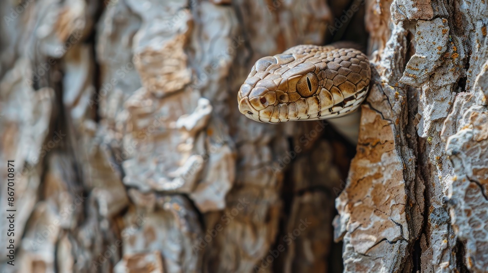 Snake peeking out from tree bark with curious look Snake peeking out from tree bark with curious look