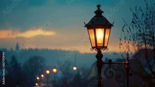 Vintage street lamp glowing during twilight in foggy landscape
