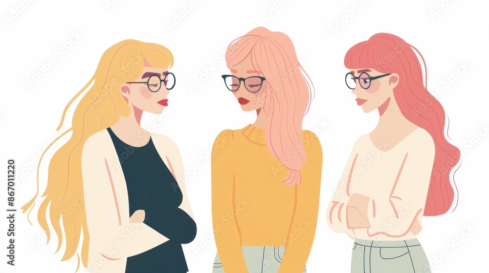 Three stylish women with glasses standing together, one with pink hair and the other with blonde hair, in a fashion and beauty photo shoot Three stylish women with glasses standing together, one with pink hair and the other with blonde hair, in a fashion and beauty photo shoot