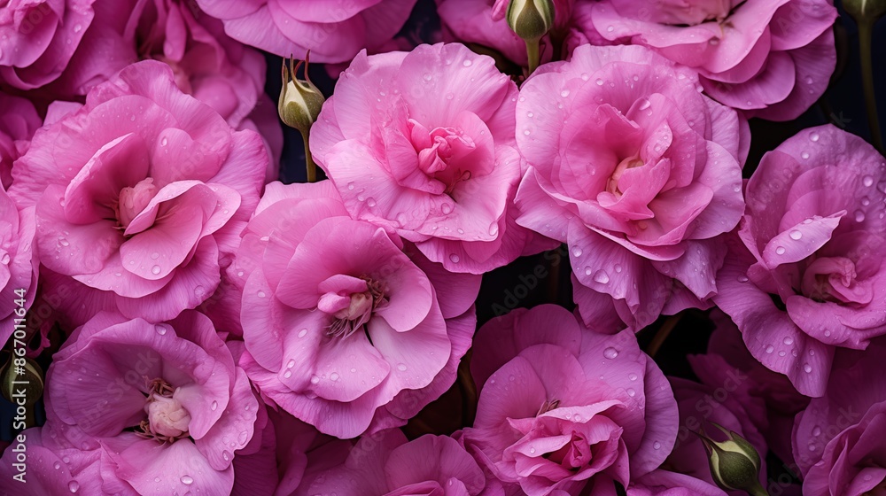 Lisianthus flowers beauty texture. Close-up of vibrant pink flowers with water droplets on petals. Full screen filled. Lisianthus flowers beauty texture. Close-up of vibrant pink flowers with water droplets on petals. Full screen filled.