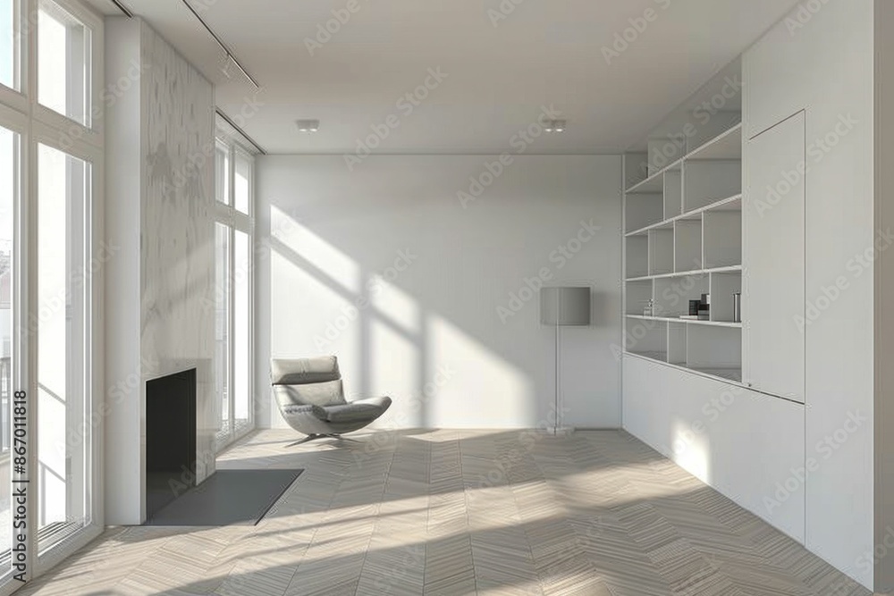 Serene room with chair, bookshelves, and window minimalistic interior design concept for home or office Serene room with chair, bookshelves, and window minimalistic interior design concept for home or office