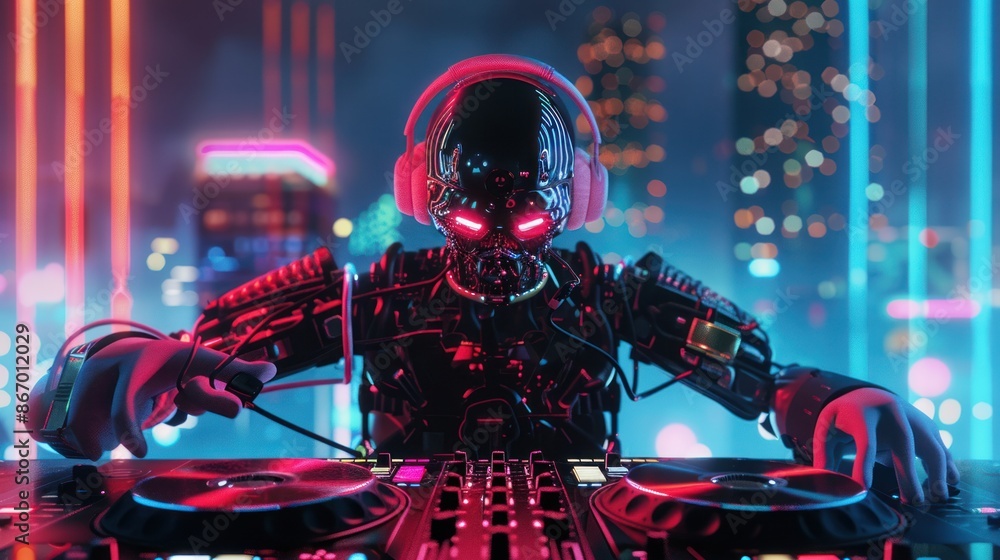 three dimension render of robot with headphones and disc jockey music neon lights on music table. Digital illustration for futuristic music festival poster or cover design three dimension render of robot with headphones and disc jockey music neon lights on music table. Digital illustration for futuristic music festival poster or cover design