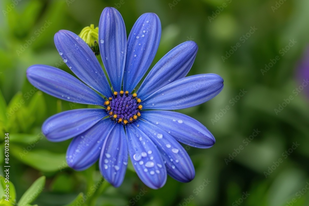 Single blue daisy flower with water drops blooming in a green garden Single blue daisy flower with water drops blooming in a green garden