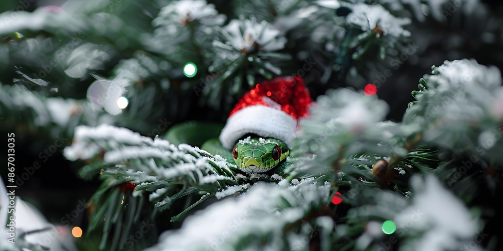 Happy New Year 2025, cute snake, among the Christmas trees, wearing a Santa Claus hat. Zodiac sign according to the Chinese horoscope. For congratulations, cards Happy New Year 2025, cute snake, among the Christmas trees, wearing a Santa Claus hat. Zodiac sign according to the Chinese horoscope. For congratulations, cards