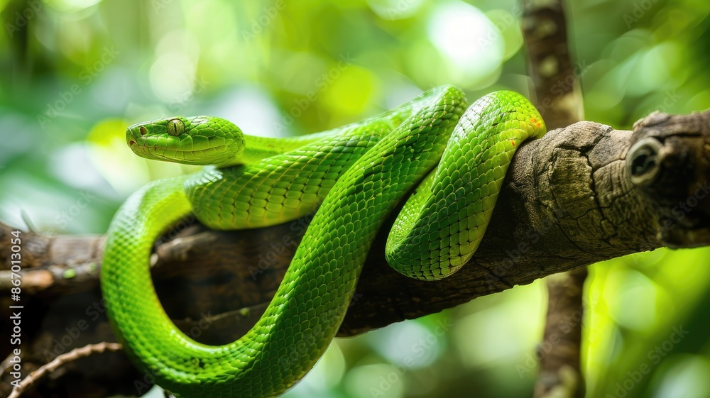 Obraz premium Vibrant green snake on branch in lush forest