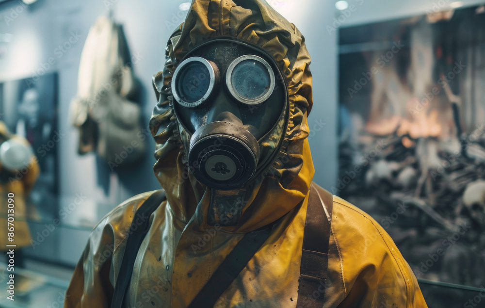 Person wearing gas mask and hazmat suit in museum Person wearing gas mask and hazmat suit in museum