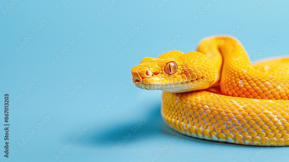 Fototapeta premium Bright yellow snake with red eyes coiled against blue background