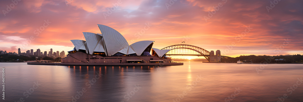 Fototapeta premium Ethereal Dawn at Sydney Opera House: A Testament to Iconic Australian Architecture