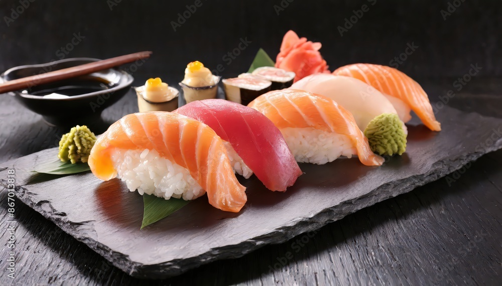 Sushi is a Japanese dish featuring vinegared rice combined with various ingredients like raw fish, vegetables, and sometimes tropical fruits. It's often served with soy sauce, wasabi. Sushi is a Japanese dish featuring vinegared rice combined with various ingredients like raw fish, vegetables, and sometimes tropical fruits. It's often served with soy sauce, wasabi.