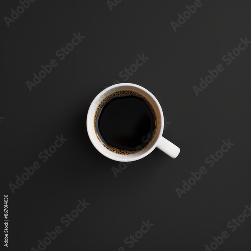 White coffee cup with black coffee on dark background, top view. Minimalist design and simple concept