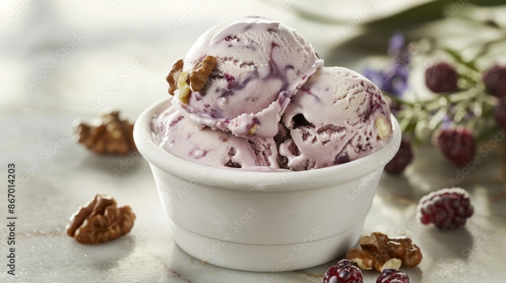 A freshly churned ice cream flad with toasted walnuts and swirled with a luscious blackberry puree. A freshly churned ice cream flad with toasted walnuts and swirled with a luscious blackberry puree.