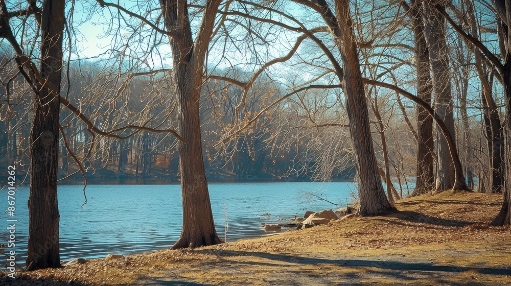Sunny day showcasing lakeside with leafless trees Sunny day showcasing lakeside with leafless trees