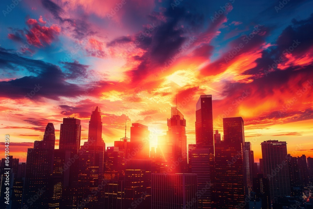 Fototapeta premium A stunning sunset illuminates a modern cityscape, with skyscrapers silhouetted against vibrant orange, red, and blue skies. Generative AI