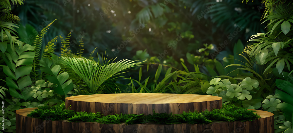 Background podium jungle product platform 3D green wood display pedestal. Background podium jungle tree nature leaf tropical cosmetic summer forest plant garden stage water presentation stone table. Background podium jungle product platform 3D green wood display pedestal. Background podium jungle tree nature leaf tropical cosmetic summer forest plant garden stage water presentation stone table.