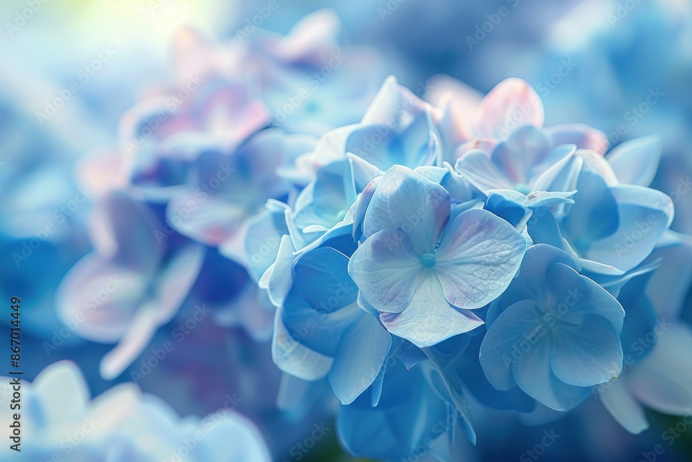 Delicate light blue hydrangea macro is blooming in a garden, showing beauty and peacefulness Delicate light blue hydrangea macro is blooming in a garden, showing beauty and peacefulness