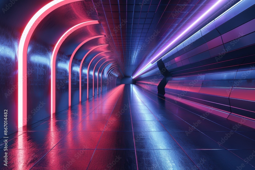 Silhouette of person walking through futuristic tunnel illuminated with vibrant neon lights. Concept of technology, future, metaverse, and cyberpunk. Silhouette of person walking through futuristic tunnel illuminated with vibrant neon lights. Concept of technology, future, metaverse, and cyberpunk.