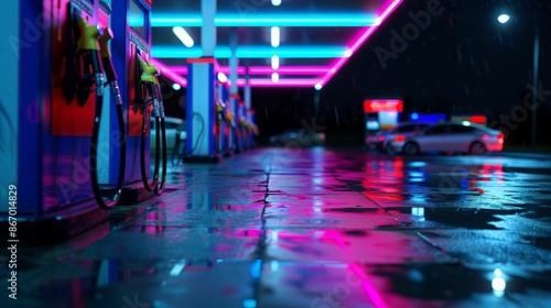 Neon Gas Station at Night. photo