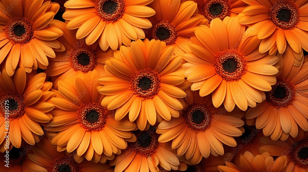 Gerbera flowers background. A vibrant close-up of numerous orange gerbera daisies in full bloom, showcasing their bright petals and dark centers. Gerbera flowers background. A vibrant close-up of numerous orange gerbera daisies in full bloom, showcasing their bright petals and dark centers.