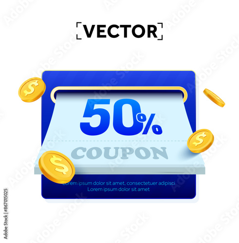 3d coupon with percentage off, coupon code, going out from blue mail box with golden coins, isolated on white background. Voucher sent to email template. 3d vector illustration. Vector illustration
