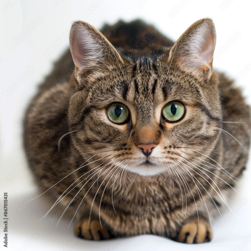 Tabby cat with a classic striped coat pattern and bright green eyes Tabby cat with a classic striped coat pattern and bright green eyes