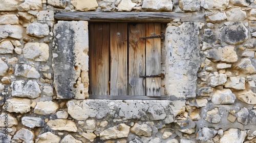 Wooden window set in an ancient stone wall © AkuAku