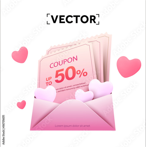 3d stack of pink coupons with percentage off, coupon code, inside a pink envelope with heart icons, isolated on white background. Gift voucher for valentine event. 3d vector illustration. Vector