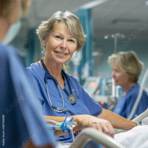 a senior female nurse similing