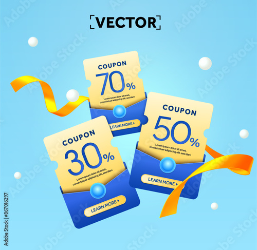 3d set of yellow coupon wrapped with an blue envelope, golden ribbons, CTA button, isolated on background. Coupon code with percentage off. Discount voucher giveaway banner template. 3d Vector. Vector